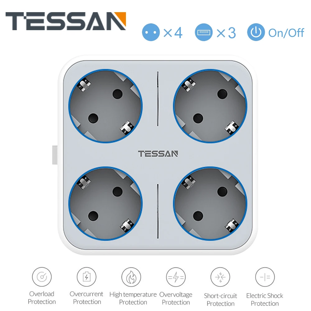 TESSAN EU Víceúčelové Zásuvky s Vypínačem On/Off 4 AC Výstupy 3 x USB Nabíjecí Porty 5V 2.4 A Napájení Pás Ochrana proti Přetížení Obrázek 0
