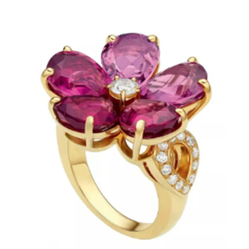 Módní Elegantní Granát Crystal Květina ve tvaru Ženy, Prsten, Šperky, Doplňky, Luxusní Zirkon Zásnubní Prsten, Párty, Dárek, Velkoobchod Obrázek 0