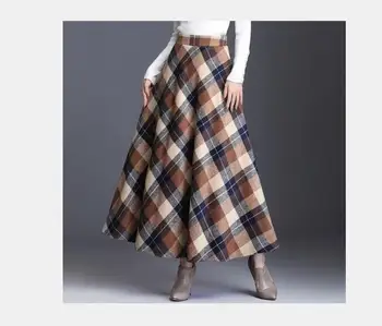 1ks/hodně korejský styl ženy dlouhá vlna směsi kostkované sukni ženy podzim zima dlouhé kostkované sukně