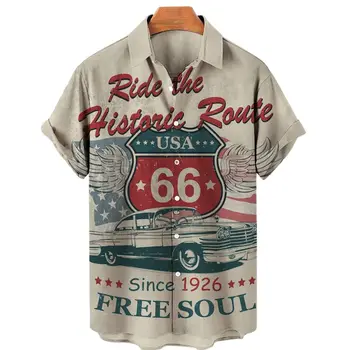 2022 Pánské Košile, Havajské Košile Muži Route 66 3d Tištěné Letní Volné Prodyšné Košile Pro Muže Retro Retro Tričko s Krátkým Rukávem