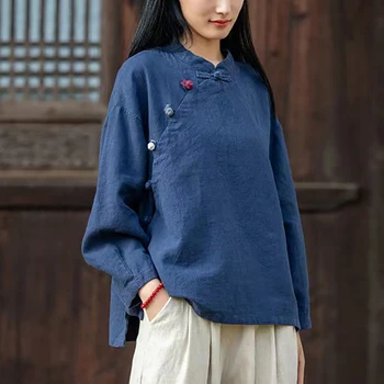 2022Cotton Povlečení Léto Podzim Čína Styl Retro Topy Čínské Tradiční Ženy Oblečení Tang Oblek Hanfu Košile Etnické T-Košile