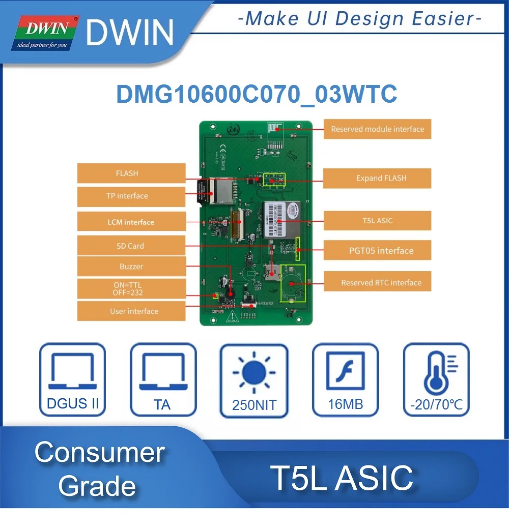 DWIN 7 Palcový Arduino a PCL ,1024*600 Rozlišení HMI UART Displej LCM Modul DMG10600C070_03W Obrázek 2