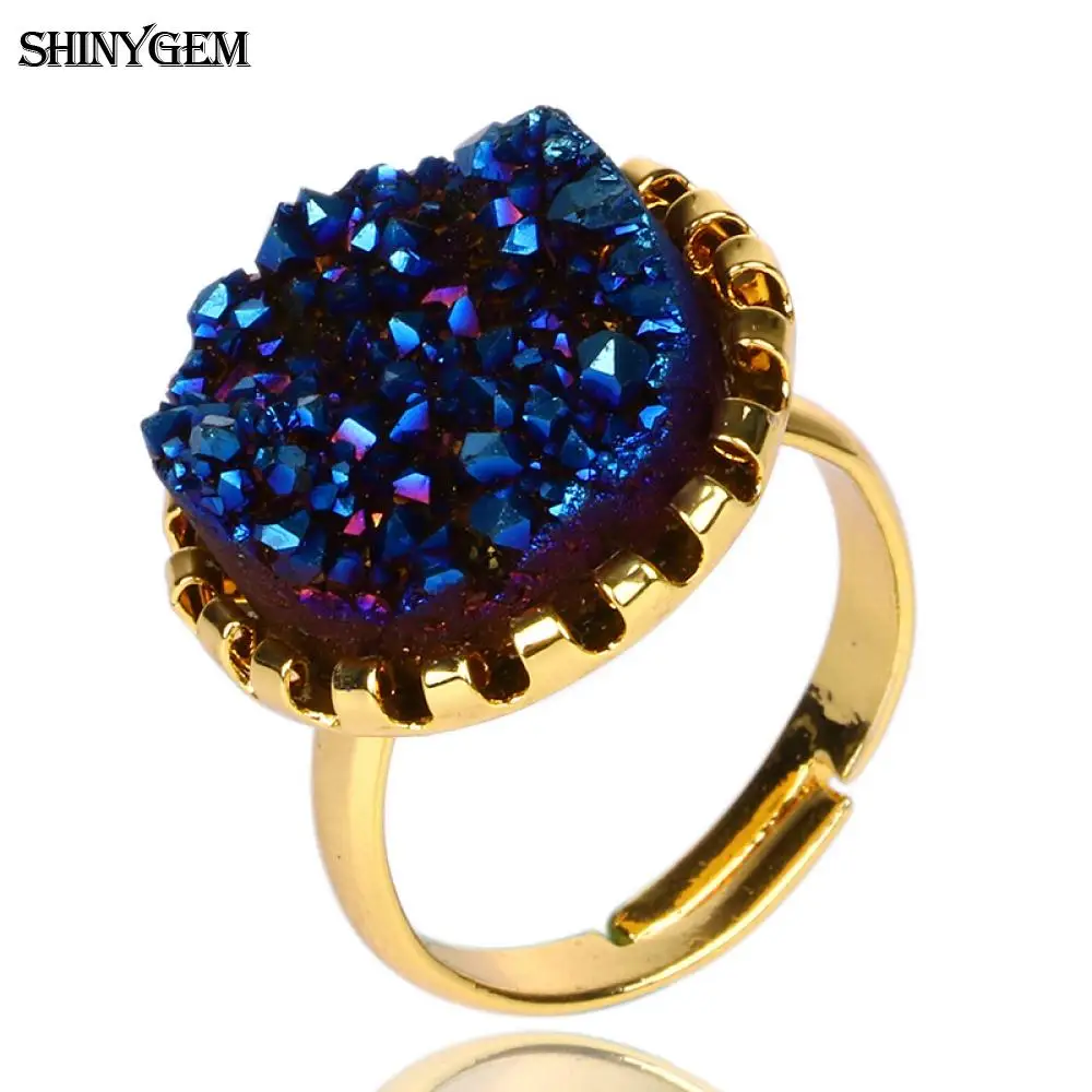 ShinyGem Módní Velké Kamenné Kruhy Nastavitelná Velikost Zlacení Nerezové Oceli Snubní Prsten Přírodní Krystal Druzy Prsteny Pro Ženy Obrázek 0