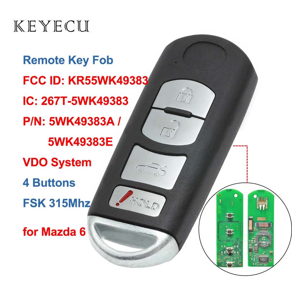 Keyecu Smart Remote Auto Klíče Fob FSK 315MHz 4 Tlačítka 4D63 Čip pro Mazda 6 2009 2010 2011 2012 2013, FCC ID: KR55WK49383 Obrázek 0