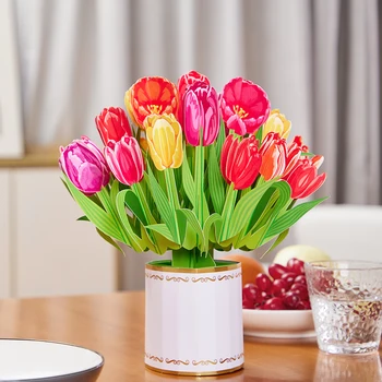 3D Pop-Up přání s Obálkou Tulipány Květ, Papír, Kytice, Jaro, Velikonoce, Výročí Svatby, na Nový Rok Se Dobře