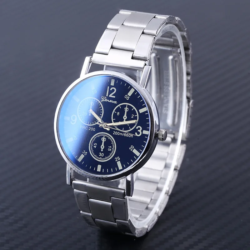 Módní ležérní pánské hodinky nové neutrální hodinky Geneva falešné barva očí modré sklo oceli band hodinky muži quartz hodinky Obrázek 0