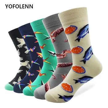 5 Párů/Lot Dlouhé Barevné Bavlněné Ponožky Muži s Fish & Origami Holub Vzor Šťastný Legrační Cool Šílené Šaty Ponožky Prodyšné