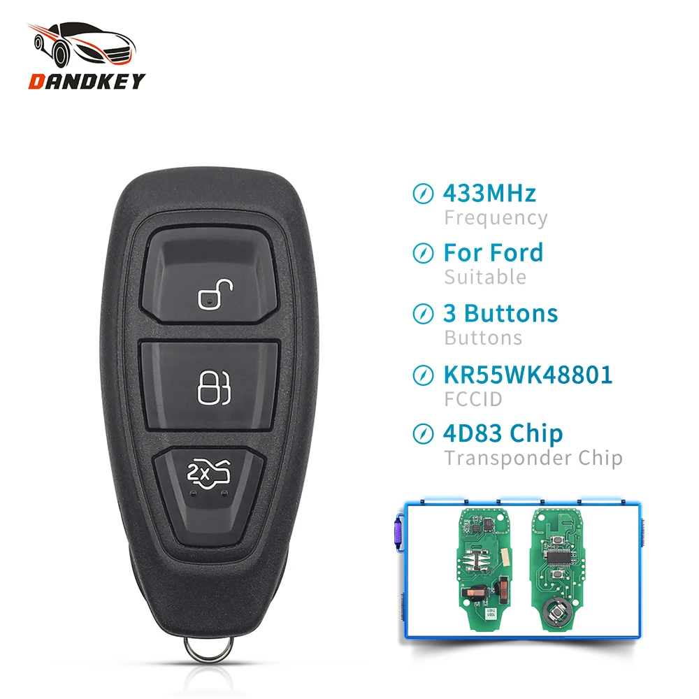 Dandkey Dálkové Ovládání Klíč Pro Ford Focus C-Max Mondeo Kuga Fiesta, B-Max 434/433MHz 4D83 Čip KR55WK48801 3 Tlačítka Auto Klíč Obrázek 0
