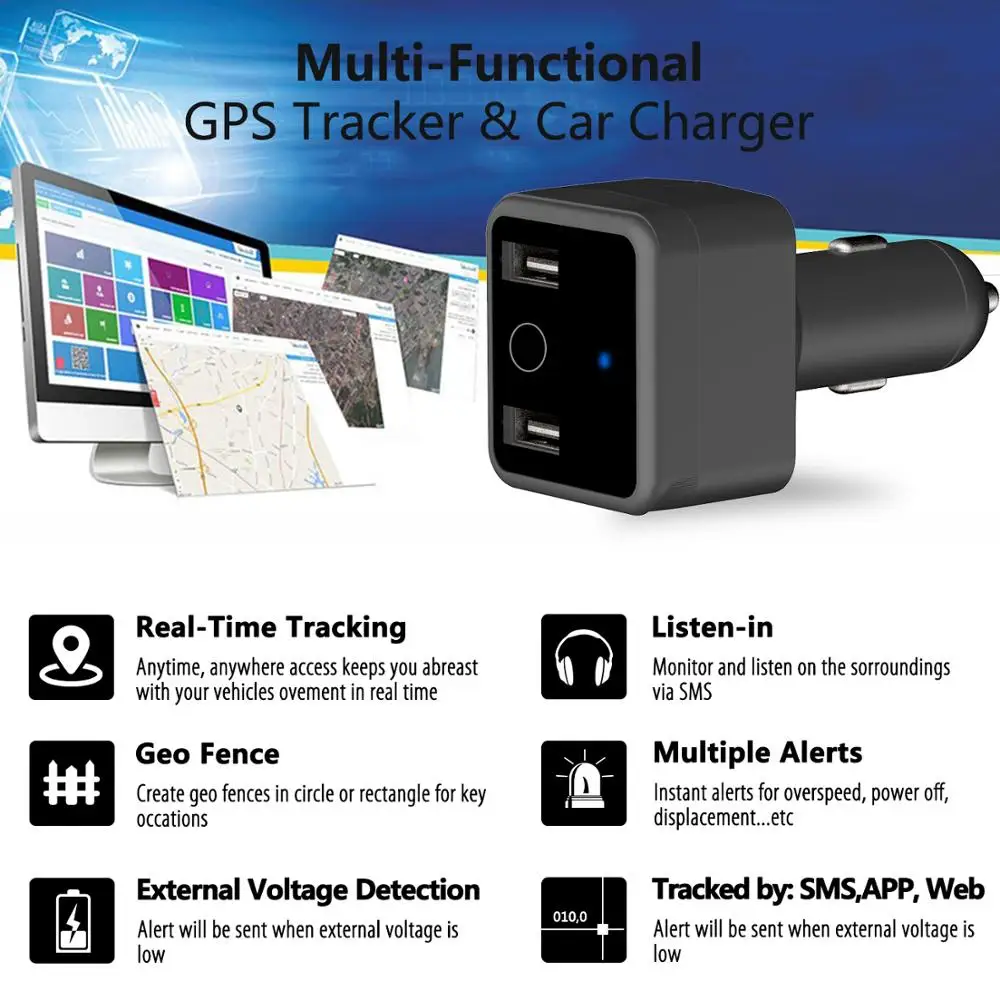 Auto Zapalovač USB GPS Tracker HVT001 Hlas Sledovat Dva USB Port pro Nabíječku Skryté SOS Poslouchat-in Anti-Theft APLIKACE Obrázek 5