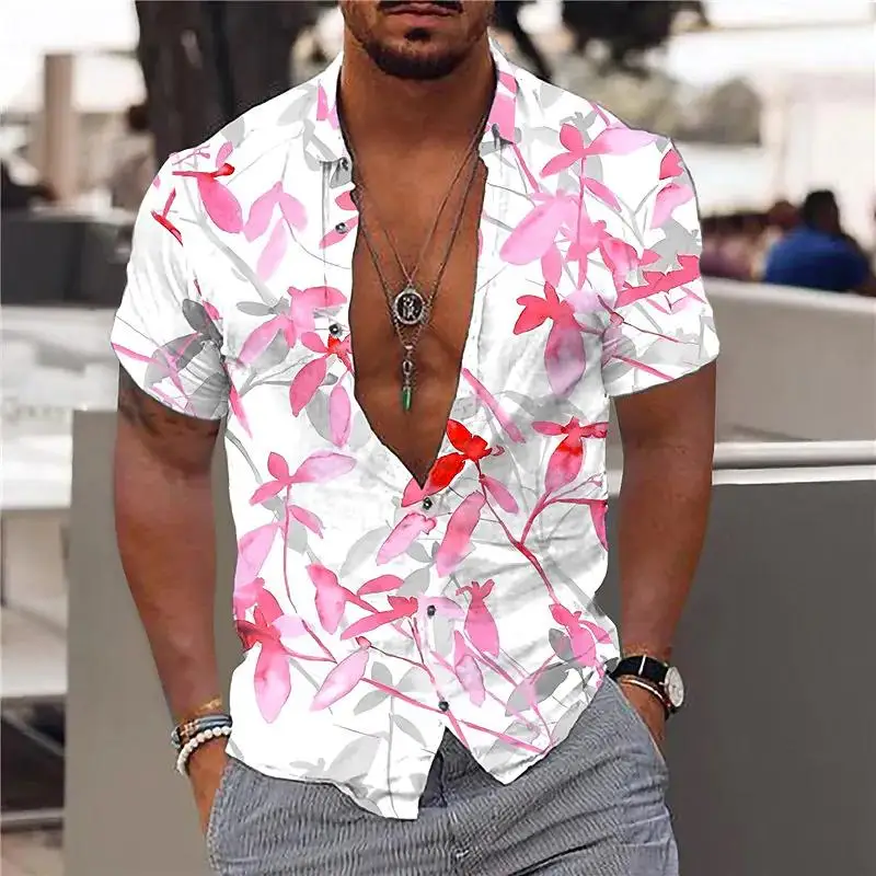 Letní Nové Pánské Havajské Košile Maple Leaf Tisk V-neck Košile pro Muže Tlačítko-up Krátký Rukáv Topy Streetwear Trend Muži Oblečení Obrázek 0