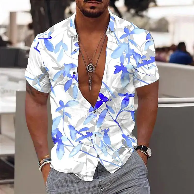Letní Nové Pánské Havajské Košile Maple Leaf Tisk V-neck Košile pro Muže Tlačítko-up Krátký Rukáv Topy Streetwear Trend Muži Oblečení Obrázek 1