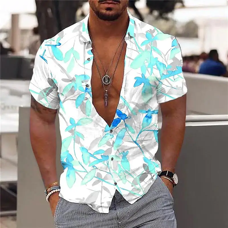 Letní Nové Pánské Havajské Košile Maple Leaf Tisk V-neck Košile pro Muže Tlačítko-up Krátký Rukáv Topy Streetwear Trend Muži Oblečení Obrázek 2