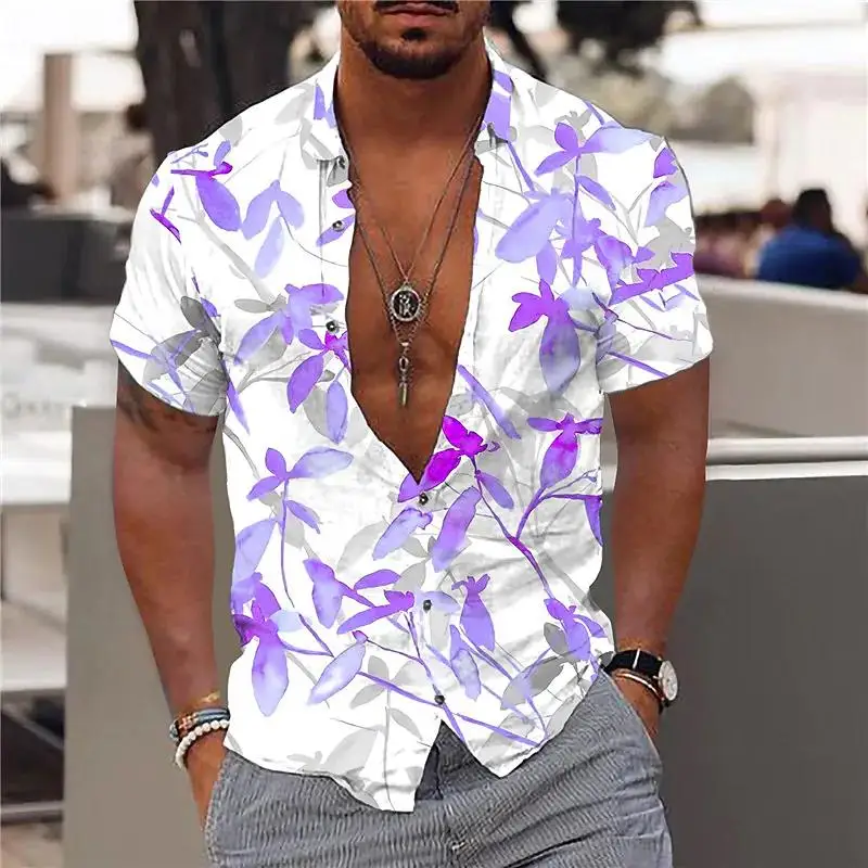 Letní Nové Pánské Havajské Košile Maple Leaf Tisk V-neck Košile pro Muže Tlačítko-up Krátký Rukáv Topy Streetwear Trend Muži Oblečení Obrázek 3