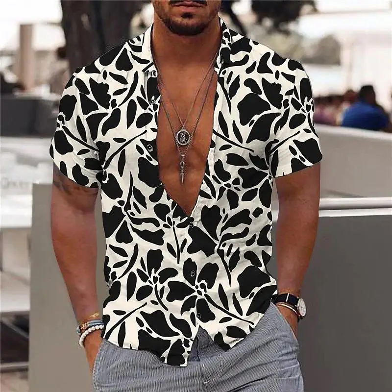 Letní Nové Pánské Havajské Košile Maple Leaf Tisk V-neck Košile pro Muže Tlačítko-up Krátký Rukáv Topy Streetwear Trend Muži Oblečení Obrázek 4