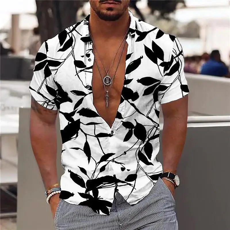 Letní Nové Pánské Havajské Košile Maple Leaf Tisk V-neck Košile pro Muže Tlačítko-up Krátký Rukáv Topy Streetwear Trend Muži Oblečení Obrázek 5