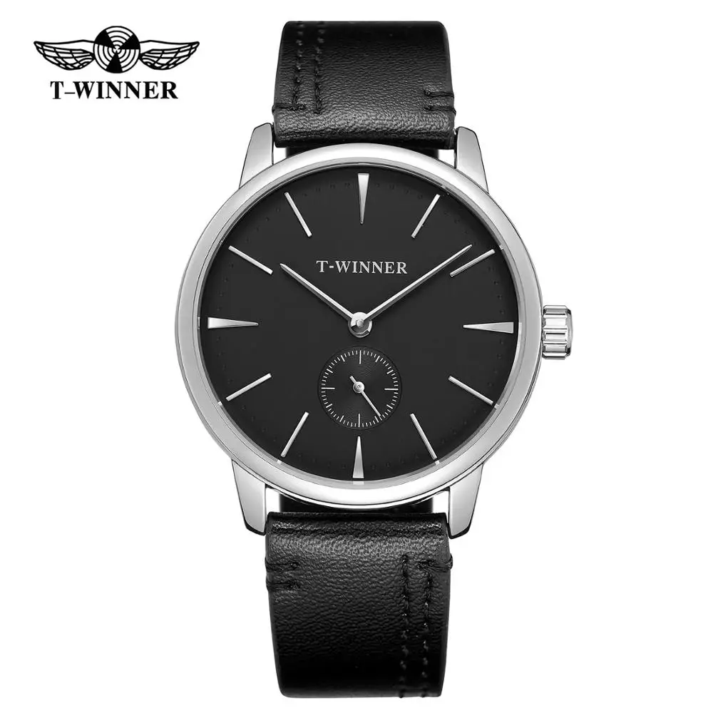 T-VÍTĚZ módní jednoduché ležérní mužů hodinky černý ciferník pouzdro černý kožený řemínek automatické mechanické hodinky Obrázek 1