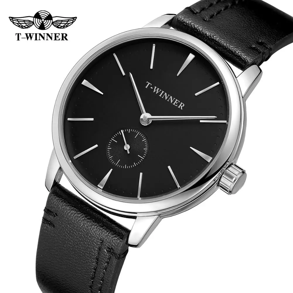 T-VÍTĚZ módní jednoduché ležérní mužů hodinky černý ciferník pouzdro černý kožený řemínek automatické mechanické hodinky Obrázek 2