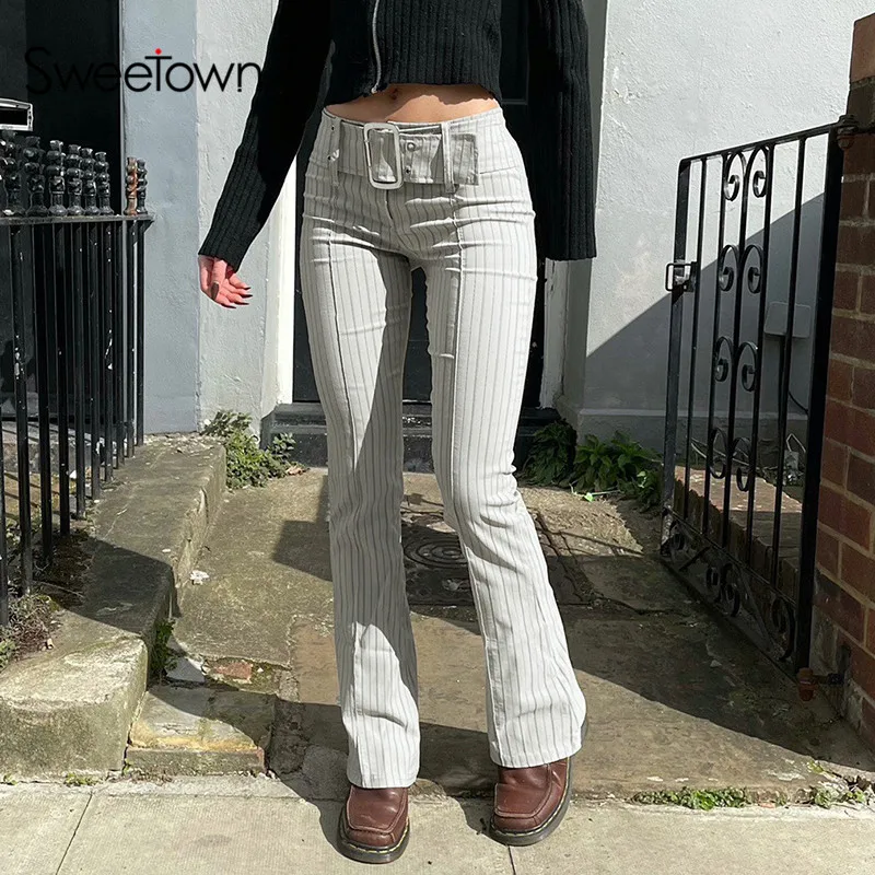 Sweetown Bílé Pruhované Y2K Běžců Ženy Nízkým Pasem Streetwear Flare Kalhoty S Šerpy Vintage 90s Estetické Šedá Holka Kalhoty Obrázek 0