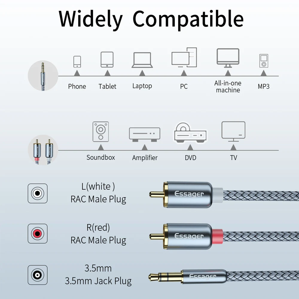 Essager RCA Kabel 3,5 mm Na 2RCA Muž Adaptér Splitter RCA Jack 3,5 Kabel Aux Audio Kabel Pro TV Box Apple TV kabel Reproduktoru Kabel Obrázek 4
