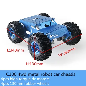 C100 4wd Kovové Inteligentní Robot Auto Podvozek Kit 130 mm Gumové Kolo Vysoký Točivý moment DC Motor 5KG Zátěž Pro Arduino DIY Vzdělávací Hračky