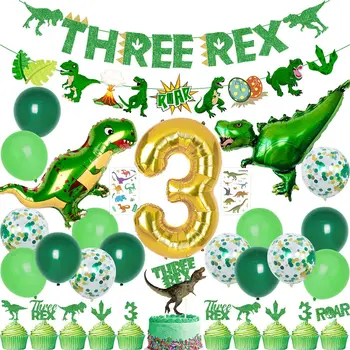 Dinosaurus 3. Narozeniny Dekorace Tři Rex Banner Cupcake Toppers, Dinosaurus Balónků,Dočasné Tetování pro Kluky, Dívky Narozeniny
