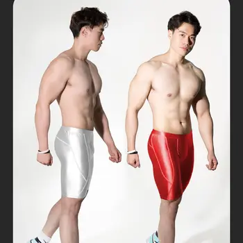 DROZENO Pánské Těsné Šortky Plná barva střední pasu roztáhnout těsné plastové prodyšné pánské fitness šortky