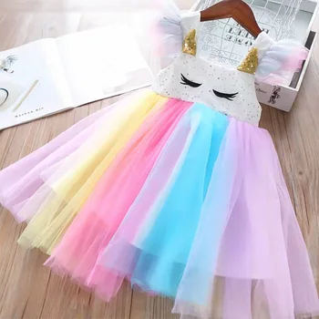 Dívka Šaty 2022 Letní Děti Girls Rainbow Šaty Narozeniny Tyl Módní Létání Rukávy Princezna Šaty Holčičky Kostým 2-7Y