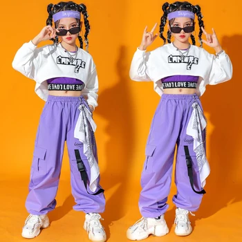 Děti, Dospívající Kpop Oblečení Oblečení pro Dívky Tričko Crop Top Dlouhý Rukáv Košile Nádrž Cargo Kalhoty Dětské Taneční Hip Hop Kostým
