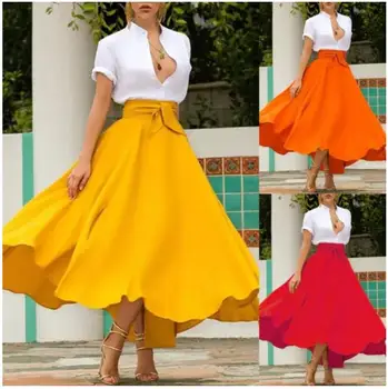 Elegantní Jednobarevné Skládaný Dlouhé Maxi Sukně Žen 2021 Dámy Módní Vysoký Pasu Luk Pás Linie Ženské Sukně Casual Party Sukně