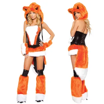 Erotické Dámské Sexy Oranžové Halloween Party Liška Kostýmy Oblečení Nóbl Zvíře Cosplay Šaty S Velký Ocas