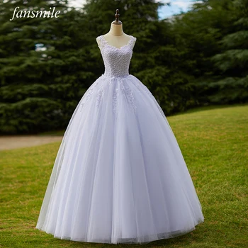 Fansmile Tyl Krajka Vintage Perly Vestidos de Novia Míč Svatební šaty 2022 Dvojité Rameno Nevěsta Šaty FSM-227F