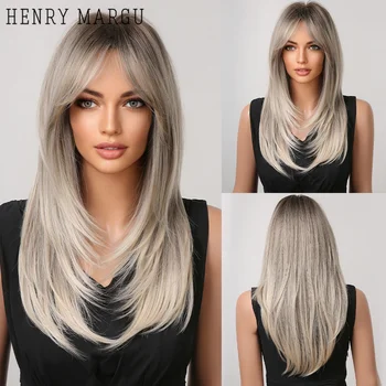 HENRY MARGU Dlouhé Rovné Blond Syntetické Paruky s Ofinou Vrstvené Tmavé Kořeny Přírodní Paruka Vlasy pro Ženy Denní Tepelně Odolné
