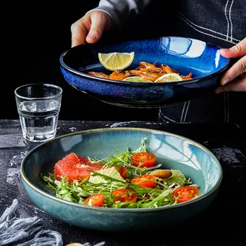 Japonský Keramický Hluboký Talíř, Kulatý talíř, polévkový talíř, Rodinné Salát Ovocný Talíř Procelain Velký talíř