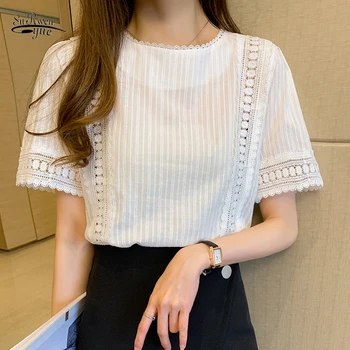 Korejský Styl Ženy Krátký Rukáv Hollow Out Lace Halenka Solid Elegantní Office Lady Topy Letní Nového Roku 2021 Bílé Tričko Blusas 9602