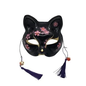 Kočka Kitsune Maska pro Vánoční Cosplay,Kolekce,Dekorace na Zeď, Černé a Růžové Sakura Květ PVC Kostým Příslušenství