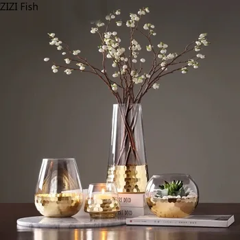 Kreativní Skleněná Váza Zlacená Zlato Základnu Sušené Květiny, Aranžování Květin Vázy Obývací Pokoj, Kancelář, Nábytek, Bytové Dekorace, Moderní