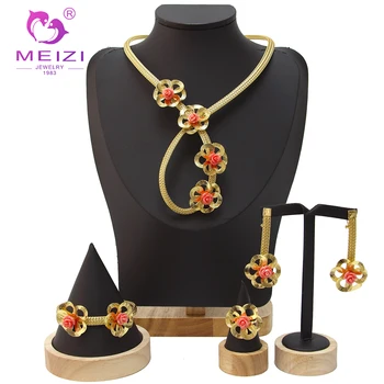 Květ Šperky Set Pro Ženy 18k Gold Á Náhrdelník, Prsten, Náramek Svatební Náušnice Luxusní Měděné Dubaj Strana Svatební