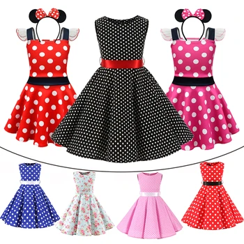 Letní Květinové Dívky Šaty Polka Dot Vinobraní Dětské Oblečení Vestidos Minnie Mickey Princezna Šaty pro Dívky Oblečení 2 6 8 12 Let
