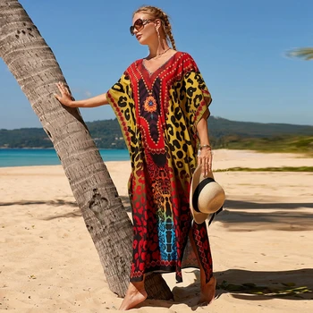 Mumu Šaty Pro Ženy Letní Leopard Červená Vzor Živé Maxi Šaty Bez Námahy Svetr Kaftan Beach Zakrýt Odvážné Moderní Župan