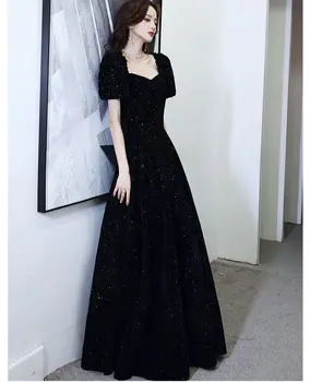 Nové Elegantní Šaty pro Ženy Krátké Rukávy-Line Lesklý Délka Podlahy Černá Večerní Šaty Dlouhé