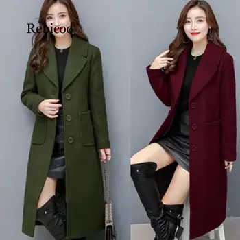 Nové Podzimní Zimní Dámský Kabát Módní Turn-Down Límec Kapsy Plné Dlouhé Vlněné Směsi Kabát Pro Ženy Velké Svrchních Oděvů
