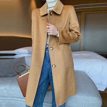 Oboustranné kašmírový kabát dámský kabát 2022 podzimní a zimní nové mid-délka volné neformální vlněné kabát módní