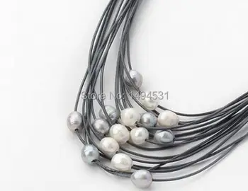Perlový Náhrdelník Multi - Strand, 11-12mm Bílá Šedá Vícebarevná Sladkovodní Pearl Kůže Náhrdelník Magnet Spona Ženy Šperky