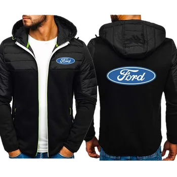 Podzimní zimní Vysoké kvality Muž bavlna bunda s kapucí Ford logo tisk Volné zip bunda Módní prošití kontrastní barvy bunda