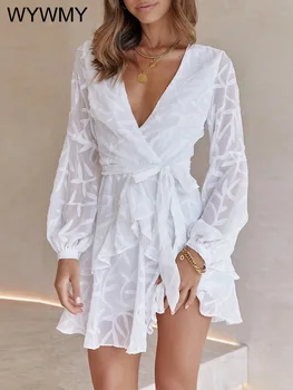 Retro Šifon Létě Ženy Šaty Elegantní 2022 Dlouhé Rukávy V-neck Páskem kolem Pasu Bílé Šaty Mini letní Šaty Sexy Ležérní Vestidos