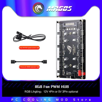 RGB Ventilátor PWM HUB SATA Napájení, 8 X 3Pin ARGB / 4Pin RGB M/B SYNC + 8 X 4Pin PWM Header Teplota + Světlo 2 V 1 Ovládání
