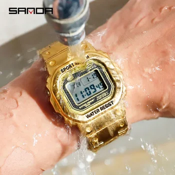 SANDA Luxusní Zlaté Pánské Hodinky Digitální Watchwrist Top Značky LED 50M Vodotěsné Muž Plavání Sportovní Hodiny Relogio Masculino 2023