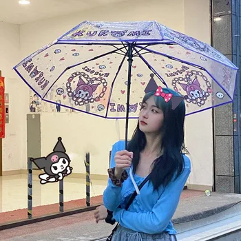Sanrio Cinnamoroll Kuromi Průhledný Plastový Deštník Skládací Kawaii Dobře Vypadající Deštník Originalitu Třikrát 8K Zahušťování