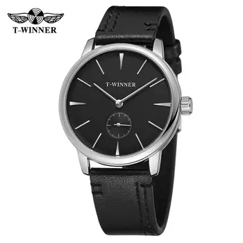 T-VÍTĚZ módní jednoduché ležérní mužů hodinky černý ciferník pouzdro černý kožený řemínek automatické mechanické hodinky