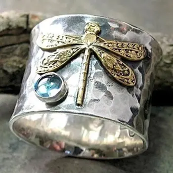 Vintage Masivní Vážka Prsteny pro Ženy Dva tón Pozlacené Zvířecí Prsten Luxusní Acid Blue Crystal Prst Šperky Příslušenství